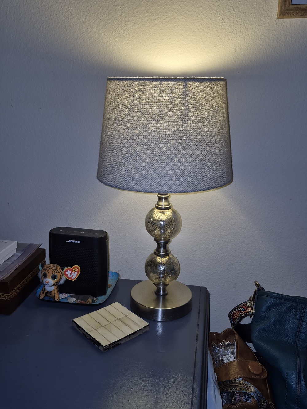 Gray Table Lamp with Silver Mercury Glass Base -